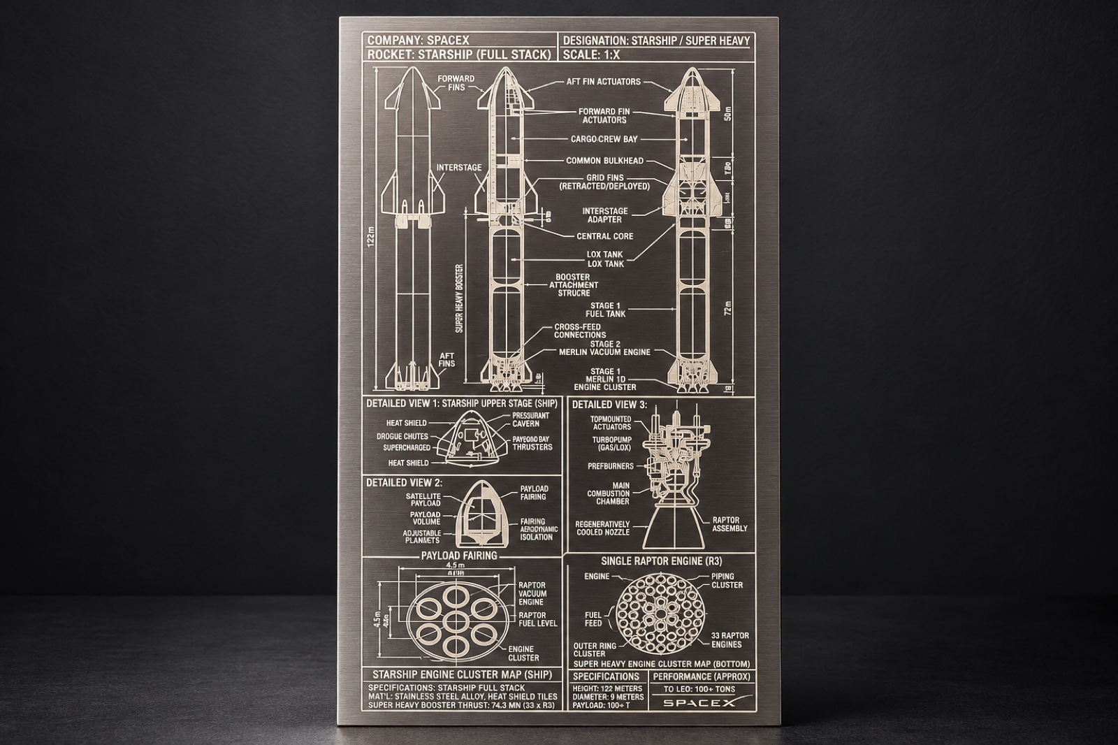 Engraved metal Starship technical blueprint panel